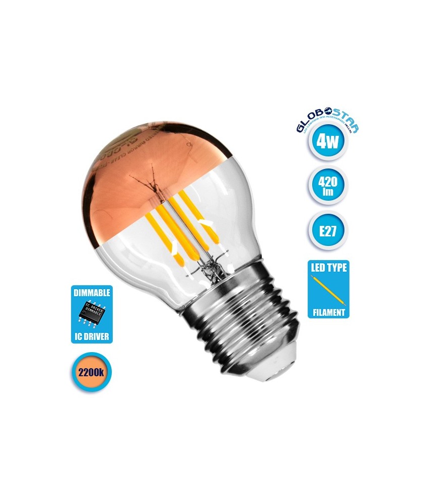 GLOBOSTAR® SPHERE 99110 Λάμπα E27 G45 LED 4W 420lm 320° AC 220-240V IP20 Ultra Θερμό Λευκό 2200K Dimmable - Filament Chip - Διάφανο με Χάλκινο Ανεστραμμένο Καθρέπτη - Μ4.5 x Π4.5 x Υ7.7cm - 3 Χρόνια Εγγύηση